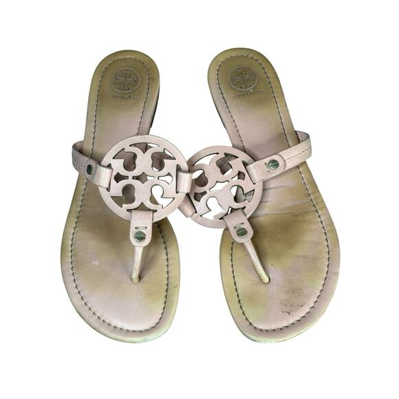 Tory Burch Miller Pink Leather Thong Sandals Women’s Size 8.5M Logo Flats - Picture 2 of 6